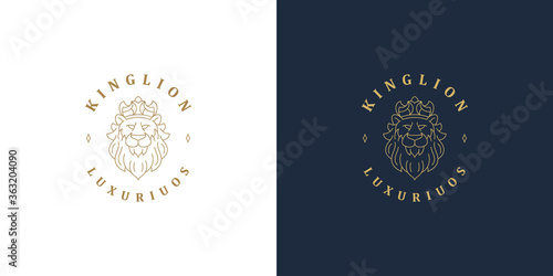 Lion head with crown line symbol vector logo emblem design template illustration simple linear style