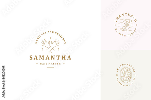 Vector line logos emblems design templates set - female gesture hand and eye illustrations simple linear style