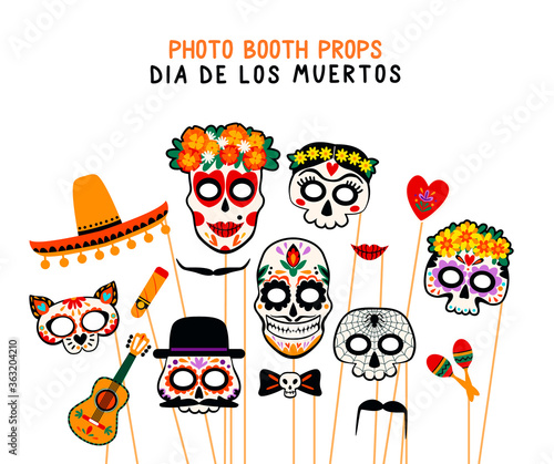 Photo booth props for Dia de los Muertos. Vector collection.