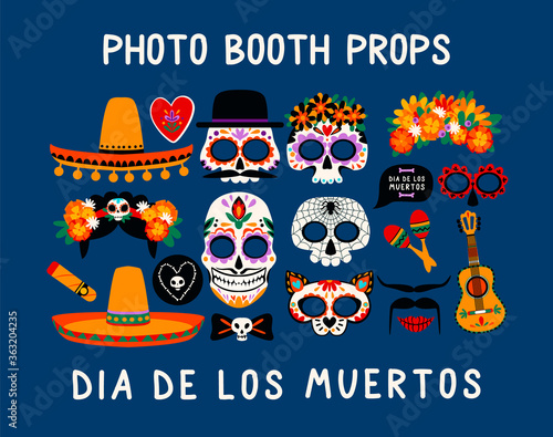 Photo booth props for Dia de los Muertos. Vector set.