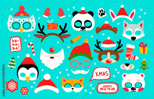 Collection of winter animal masks and Christmas photo booth props for kids. Cute cartoon masks and elements for a party.
