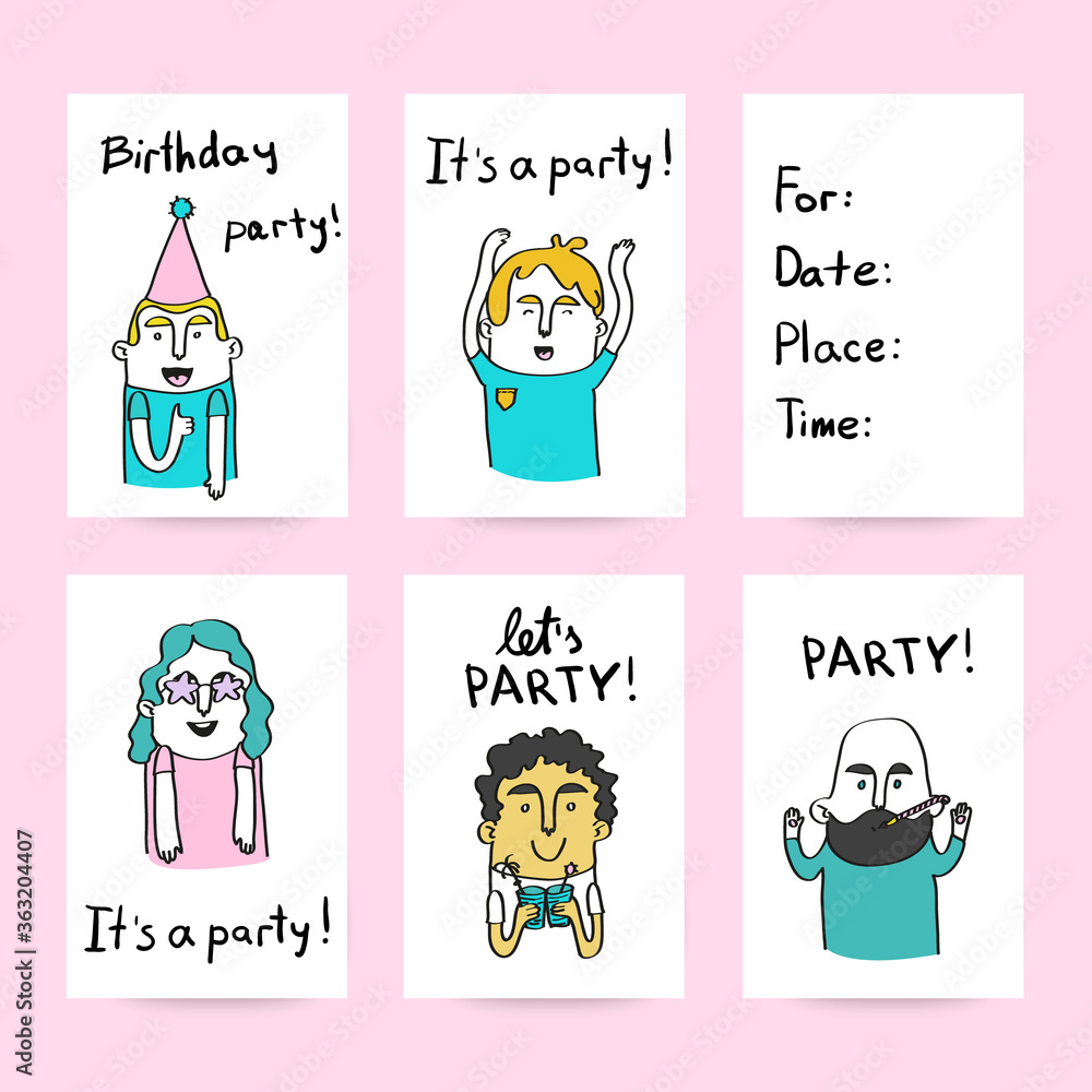 Party card templates with hand drawn happy people in black and white. Vector art.
Party card templates with hand drawn happy people in black and white. Vector art.