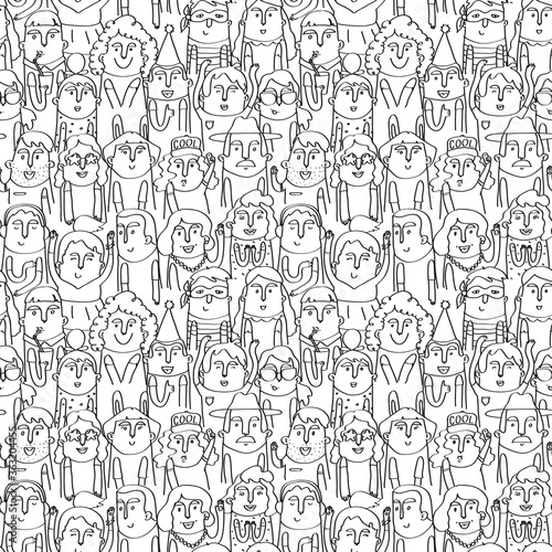 Hand drawn people seamless pattern. Vector illustration in black and white. 