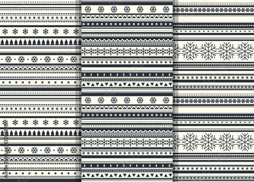 Set of Scandinavian flat style seamless patterns with snowflakes and geometric elements. Vector flat design.
