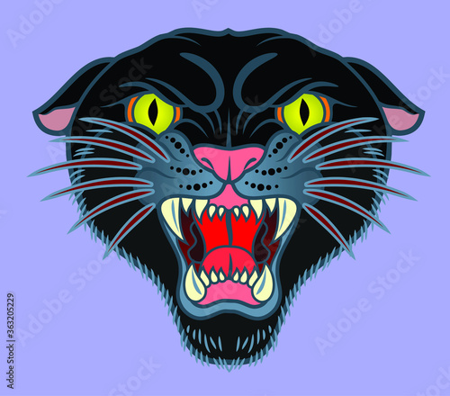 portrait of grinning black panther in old school style tattoo tattoo, vector art