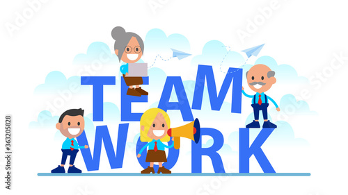 Businessmen together build word - Teamwork. Caption mockup for poster, banner, website page.
