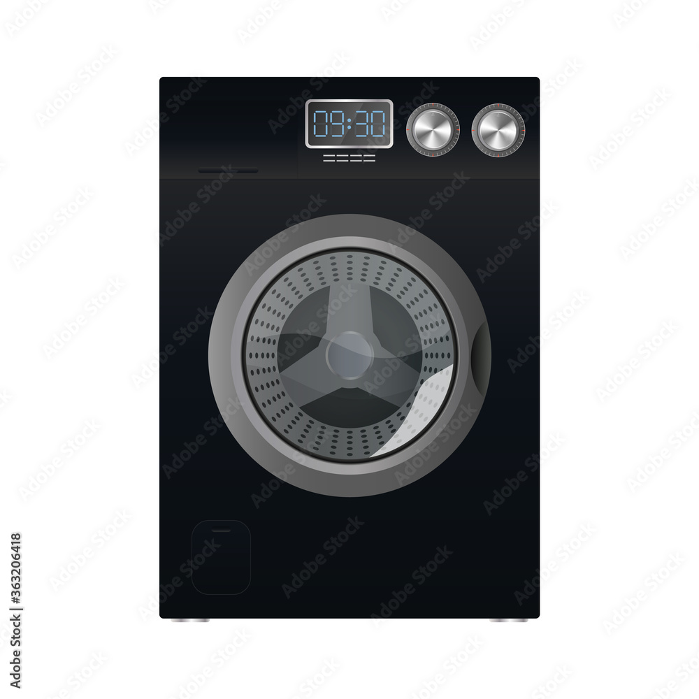 Black washing machine isolated on a white background. Realistic vector washing machine. Black washing machine isolated on a white background. Realistic vector washing machine.