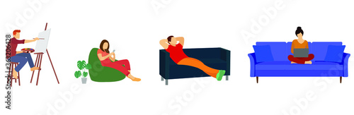 People remain at home in quarantine. Men and women work as freelancers, relax on the couch and draw. Illustration in a flat style.