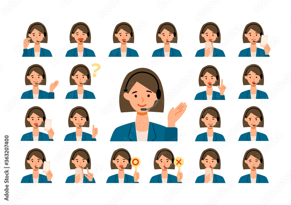 Face expressions of a businesswoman works in call center. Different female emotions and poses set.