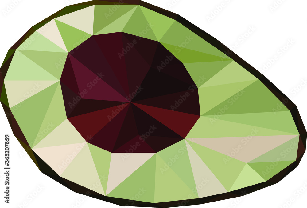 Obraz premium Half of the avocado fruit is drawn in triangles, low poly avocado