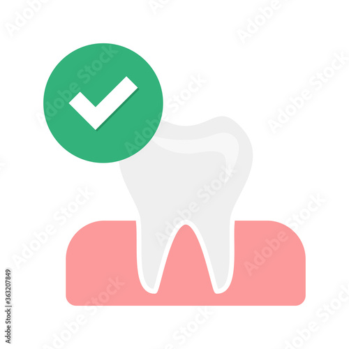 Flat icon white tooth with green checkmark isolated on white background. Vector illustration.