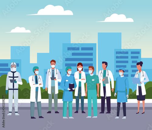 group of doctors wearing medical masks on the city