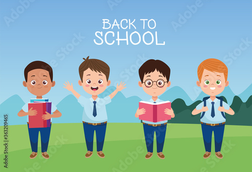 little students boys with uniforms characters