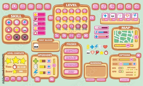 Platform Game User Interface For Tablet, Illustration of a platform game user interface, in cartoon style with basic buttons and icons for tablet pc