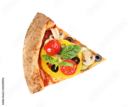 Slice of delicious pizza isolated on white, top view