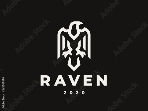 Raven linear logo. Hawk heraldic emblem design editable for your business. Vector illustration.