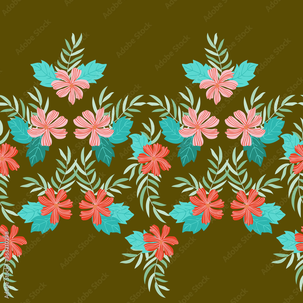 Obraz premium Seamless pleasant border in cute flowers. Millefleurs. Floral background for textile, fabric manufacturing, wallpaper, covers, surface, print, gift wrap, scrapbooking, decoupage.