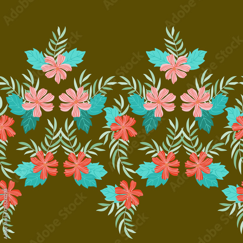 Seamless pleasant border in cute flowers. Millefleurs. Floral background for textile, fabric manufacturing, wallpaper, covers, surface, print, gift wrap, scrapbooking, decoupage.