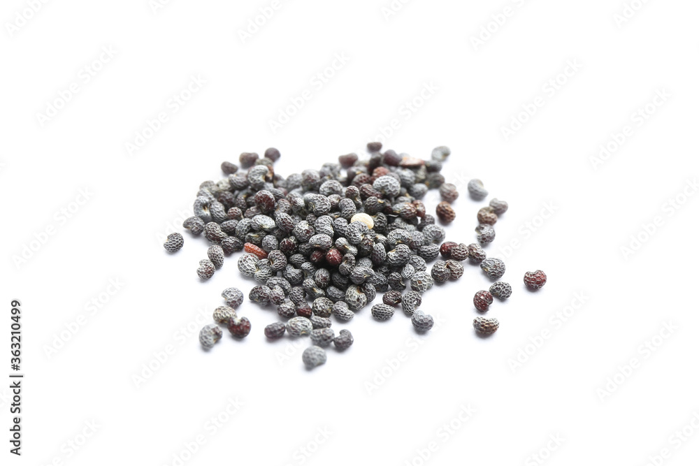 Pile of dry poppy seeds isolated on white Pile of dry poppy seeds isolated on white