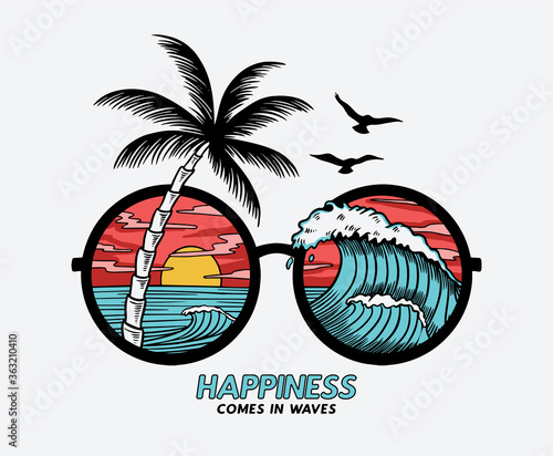 Vector sun glasses with tropical beach reflection illustration, for t-shirt print and other uses.