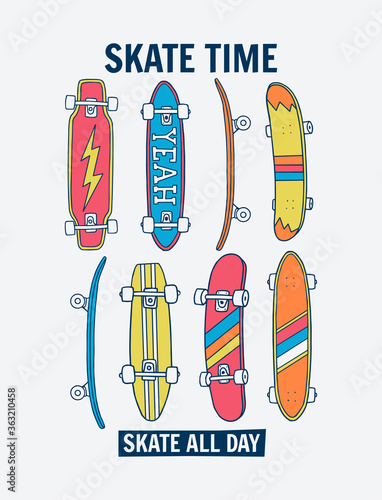 Skate board vector illustrations  with cool slogans for t-shirt print, posters and other uses.