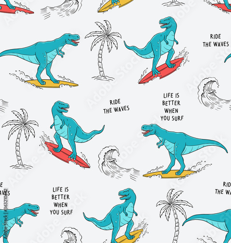 Surfer dinosaur vector illustration seamless pattern with cool slogans. For t-shirt prints and other uses.