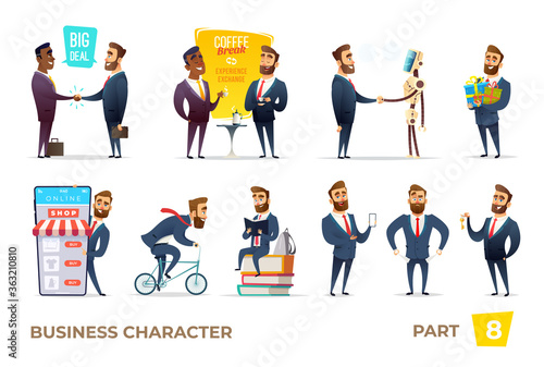 Bearded charming business men in different situations. 