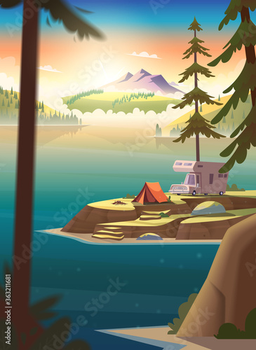 Summer morning landscape with mountain lake view and camping.