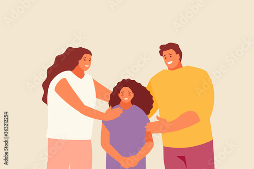 Parents mother and father supporting their upset child. Family and support vector illustration