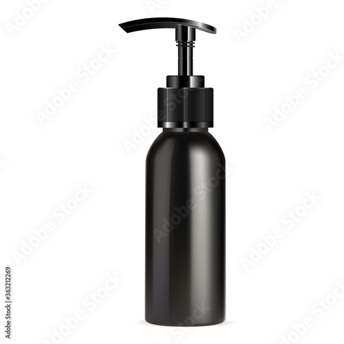 Pump dispenser bottle mockup. Cosmetic highlight or serum spray packaging. Liquid soap or shampoo tin vector illustration. Antibacterial sanitizer container. Moisturizer tube blank