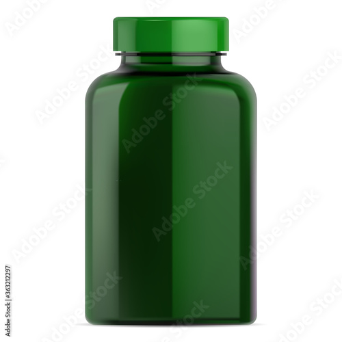 Pill bottle mockup. Green plastic supplement jar for vitamin drug. Small round package with cap for pharmaceutical medicament. Medical remedy container blank design