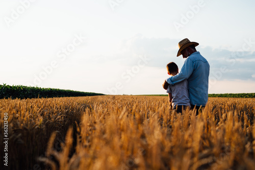 farmer and his son walking fields of wheat