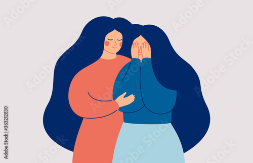 Friends and Family Support. A young woman comforting her crying best friend. The mother supports her daughter in a difficult situation. Vector illustration photo