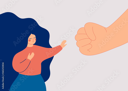 A strong woman protesting against domestic violence and female abuse. Stop violence against women. A big fist threatens a girl. Vector illustration