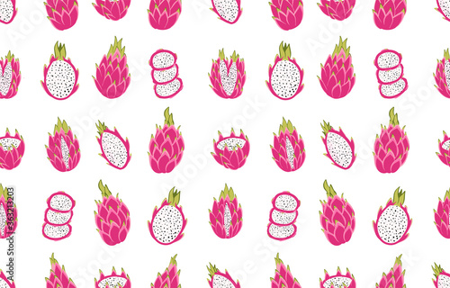 whole and sliced dragon fruit. Entire and chopped pataya. 
vector seamless hand drawn pitahaya pattern.