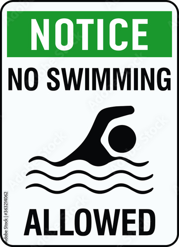 NO SWIMMING ALLOWED DO NOT SWIM BANNED PROHIBITED DEEP WATER FLASH FLOODS RISK NOTICE WARNING SIGN VECTOR ILLUSTRATION EPS