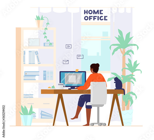 Afro American Woman Working At Computer From Home Back View. Home Office Interior. Freelancer At Work. Flat Vector Illustration.