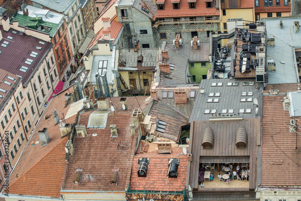 top view from city hall tower on old town rooftops with restaurant in Lviv city