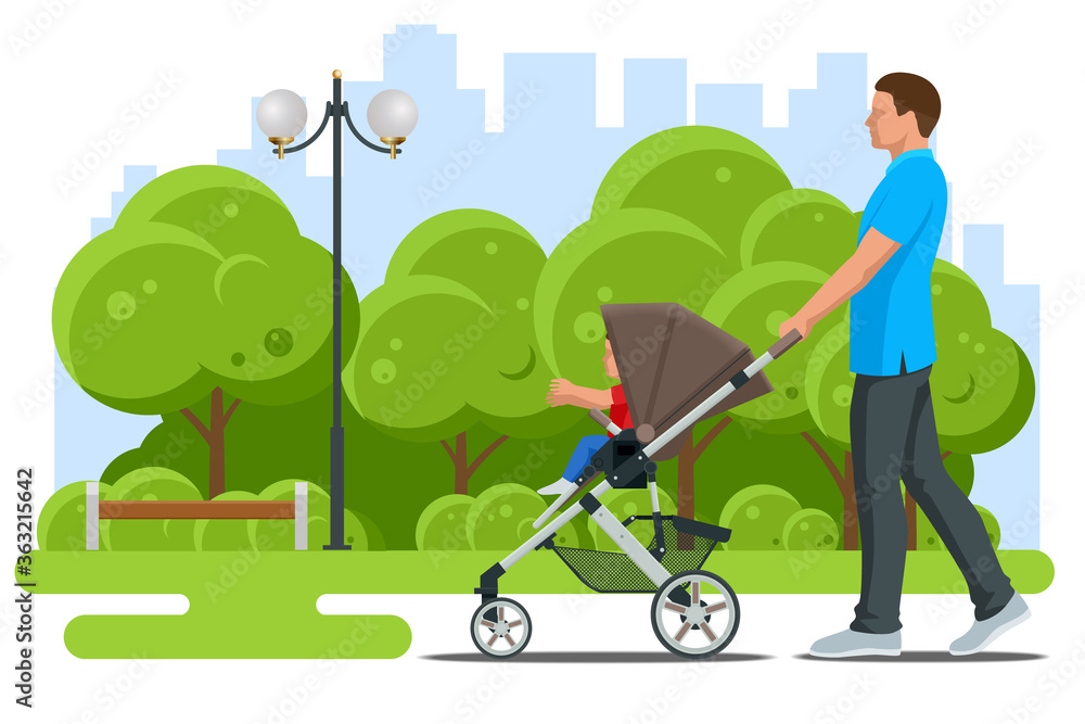 Baby carriage isolated on a white background. Kids transport. Strollers for baby boys or baby girls. Man with baby stroller walks. Theme of motherhood and fatherhood Baby carriage isolated on a white background. Kids transport. Strollers for baby boys or baby girls. Man with baby stroller walks. Theme of motherhood and fatherhood