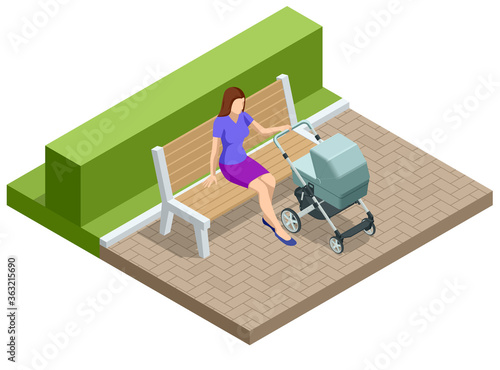 Isometric Baby carriage isolated on a white background. Kids transport. Strollers for baby boys or baby girls. Woman with baby stroller walks. Theme of motherhood and fatherhood