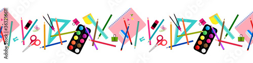 School elements seamless border, banner pattern design. Back to school concept design with compasses, colored crayons, erasers, scissors, paper clips, sharpener, ruler, notebook, watercolor
