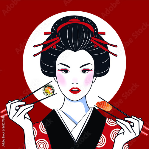 Pop art face. Young beautiful Japanese woman with open mouth holding chopsticks with roll in form of heart in her hand. Vector illustration in retro comic style. An advertisement poster
