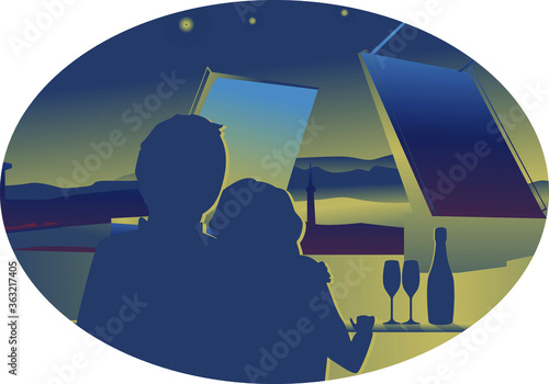 Loving couple watching a bridal bridge with champagne at night