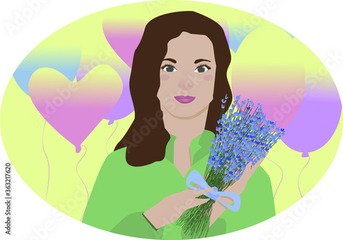 Girl with a bouquet of lavender smiles on a background of balloons