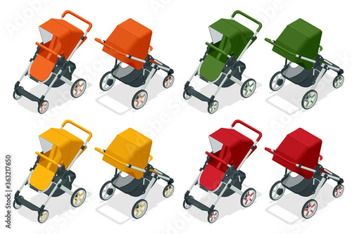 Isometric set of baby strollers isolated on white, kids transport