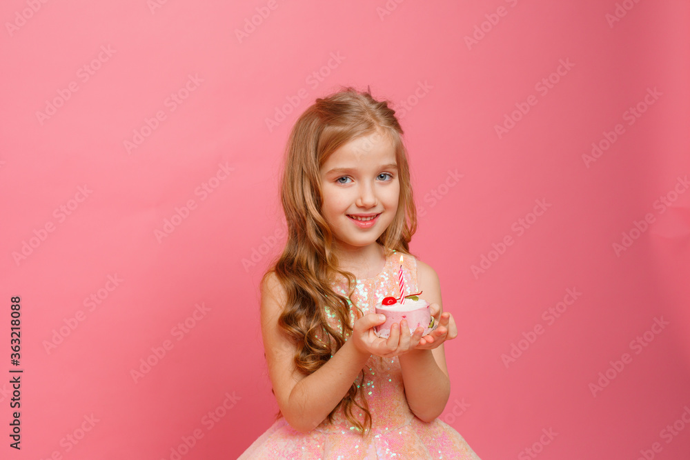 little girl with birthday cake on pink background little girl with birthday cake on pink background