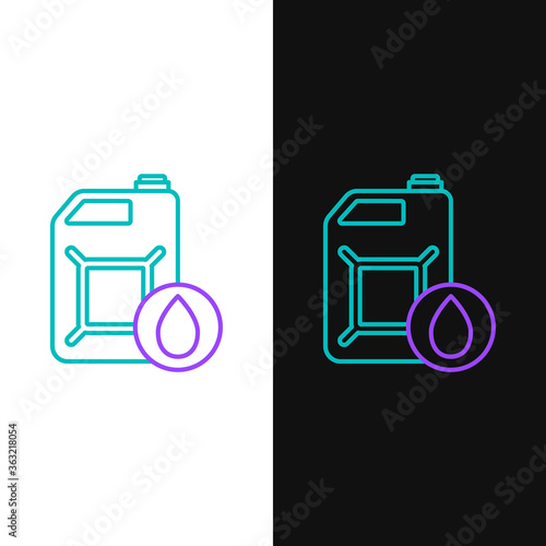 Line Plastic canister for motor machine oil icon isolated on white and black background. Oil gallon. Oil change service and repair. Colorful outline concept. Vector.