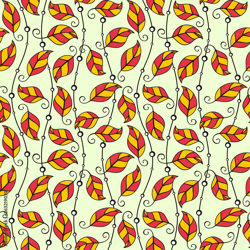 Red yellow leaves and longitudinal waves with beads on a pale yellow background. Vector autumn seamless pattern for wallpaper, wrapping paper, packaging, printing on fabric, textile, clothes and bags