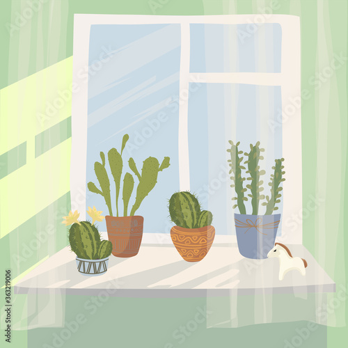 Indoor flowers on the windowsill. Vector illustration.

