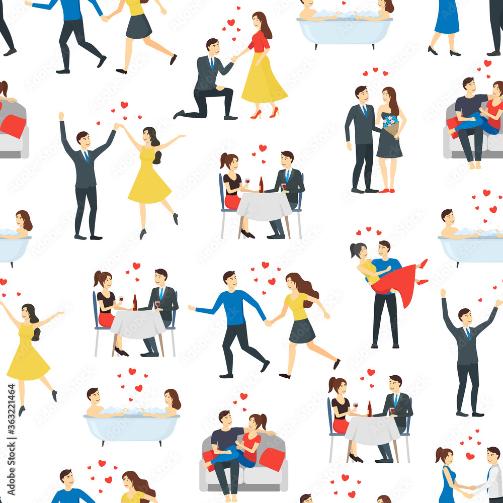 Cartoon Characters People Couples in Love Seamless Pattern Background . Vector